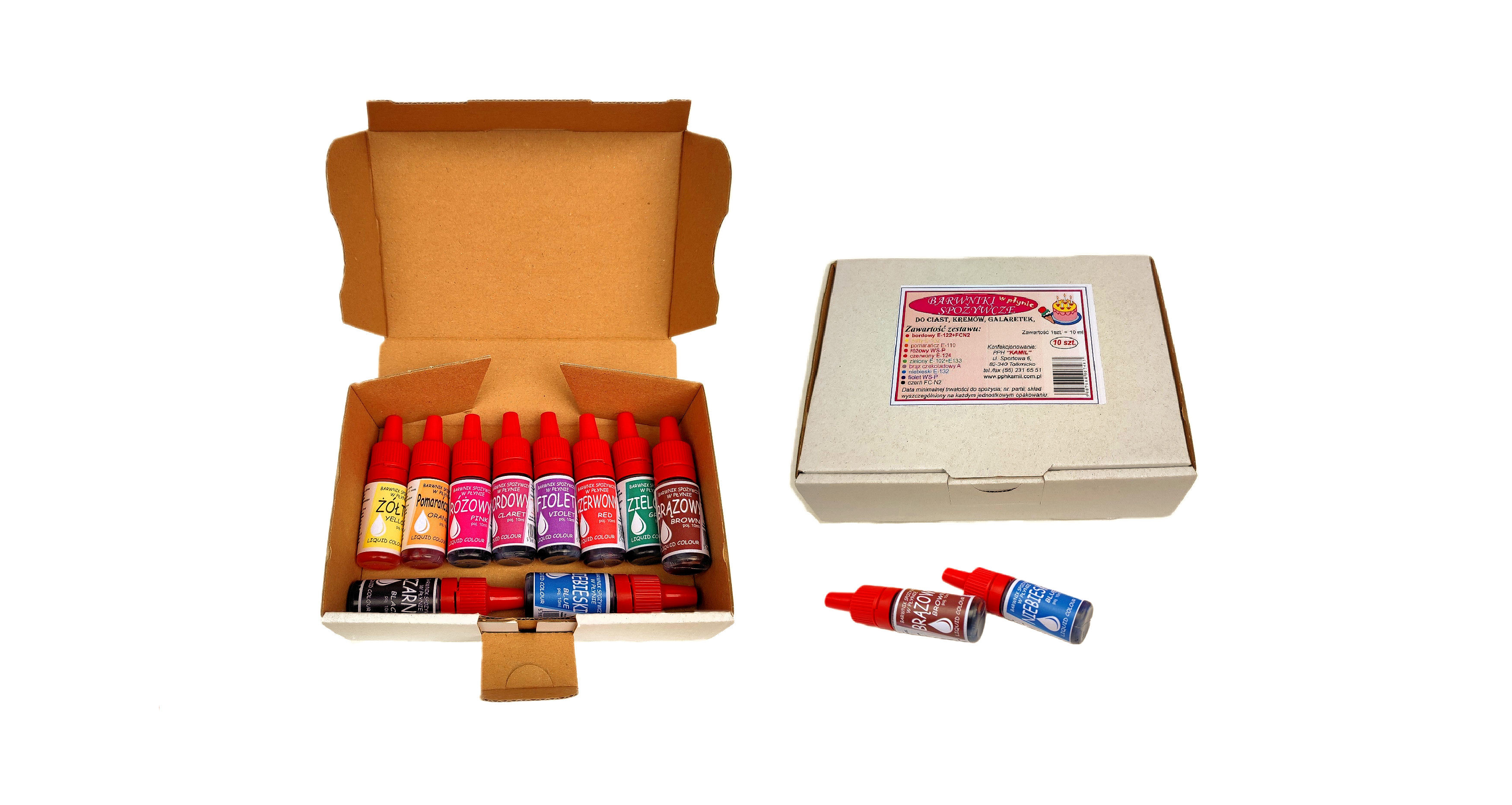 Barwniki spożywcze w płynie, buteleczka – zestaw 10 kolorów